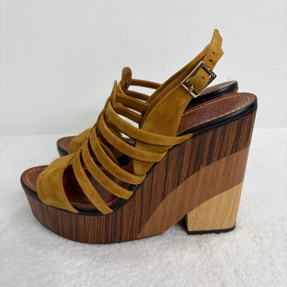 Vince Camuto Vc-Onia Brown Suede Wood Platform Wedge Sandal Shoes Womens 9 M - Picture 2 of 10